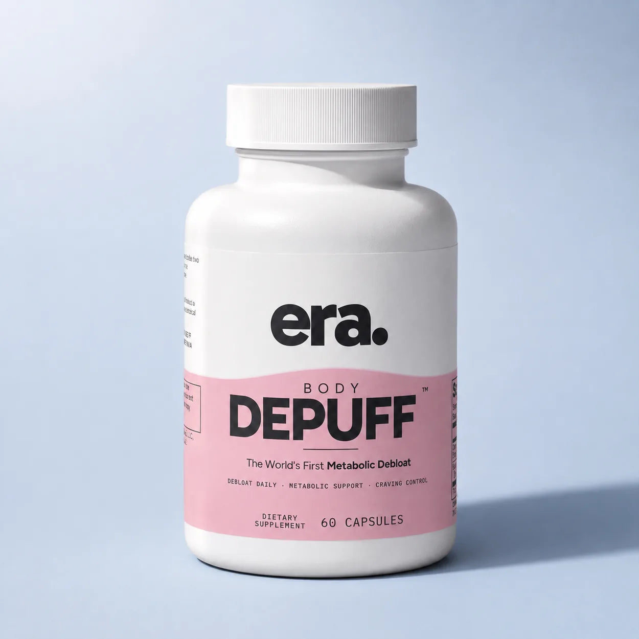 era body depuff, the bottle on a powder blue studio field