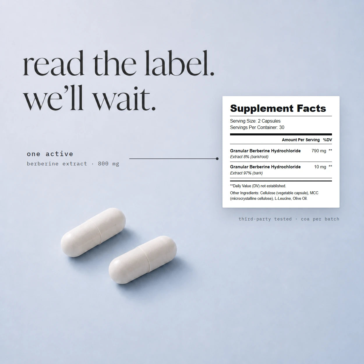 read the label. we'll wait. the supplement facts panel beside two capsules, one active: berberine extract 800 mg